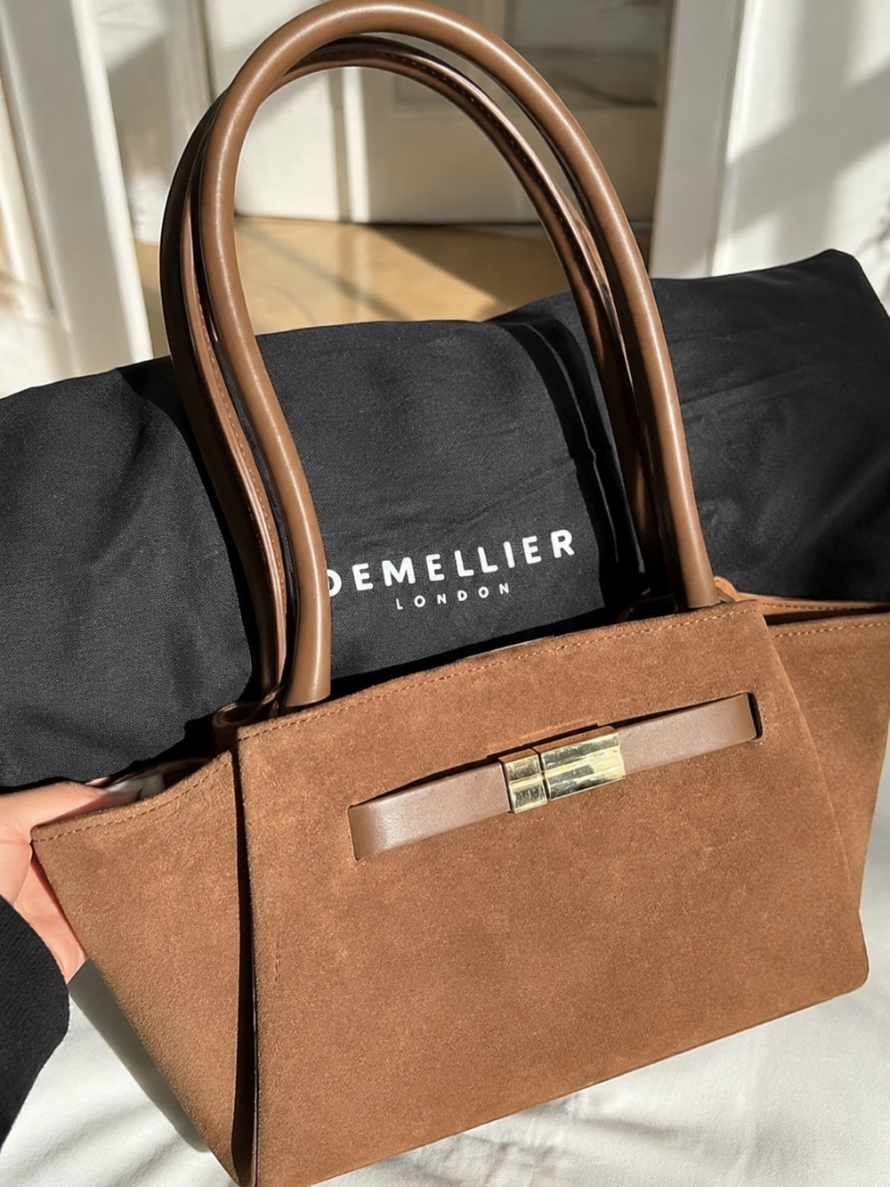 DeMellier Brown Suede Tote with Leather Handles and Gold Accent - Picture 2 of 3